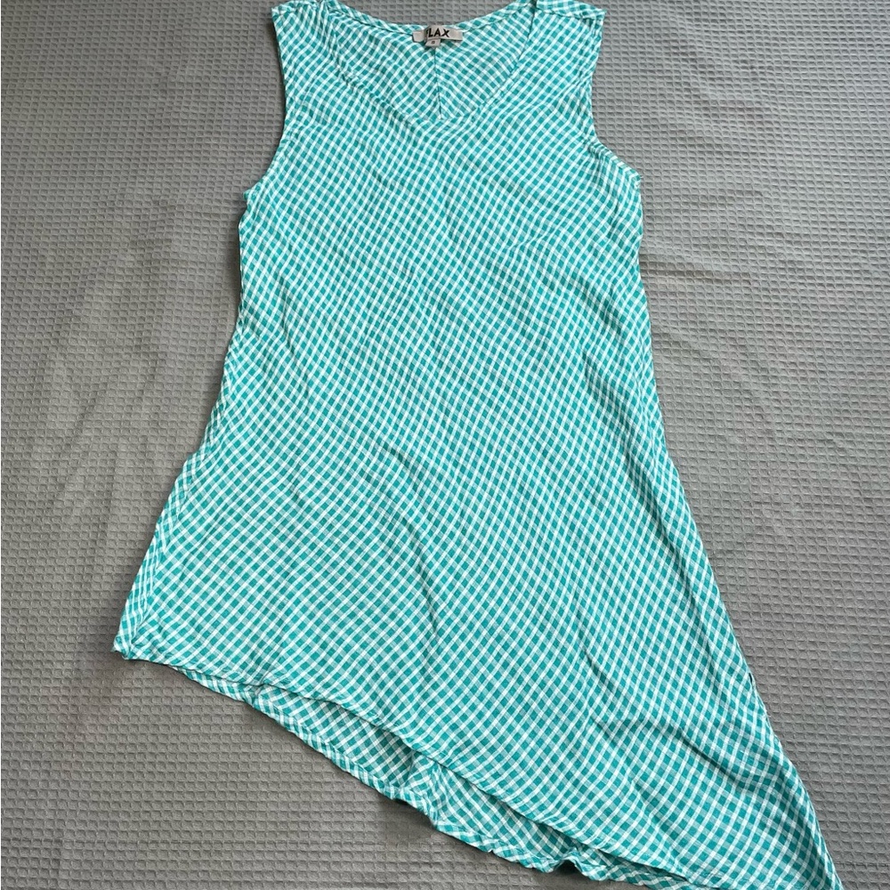 Flax 100% Linen Dress Small Sleeveless Asymmetrical Teal White Plaid Mini